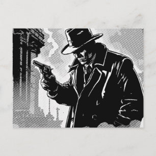 50er-Jahre-BW-Comic-Stil-Grüner-Stadt-Detektiv Postkarte