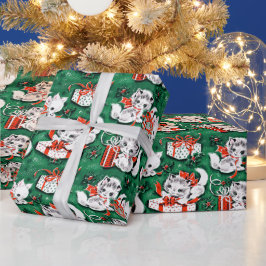 50er Jahre Grünes Weihnachtsmuster mit Kätzchen Geschenkpapier