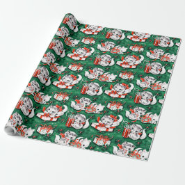 50er Jahre Grünes Weihnachtsmuster mit Kätzchen Geschenkpapier