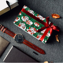 50er Jahre Grünes Weihnachtsmuster mit Kätzchen Geschenkpapier Set