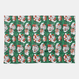50er Jahre Grünes Weihnachtsmuster mit Kätzchen Geschirrtuch