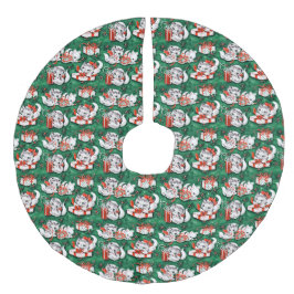 50er Jahre Grünes Weihnachtsmuster mit Kätzchen Leinenimitat Weihnachtsbaumdecke