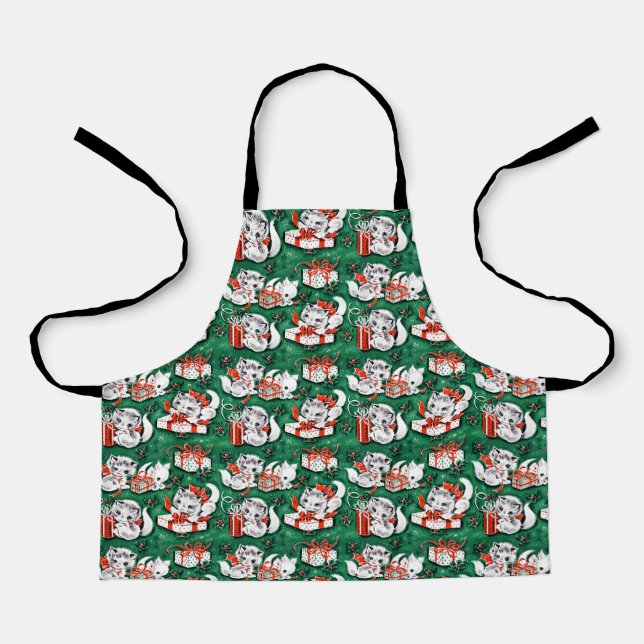 50er Jahre Grünes Weihnachtsmuster mit Kätzchen Schürze (Vorderseite)