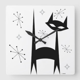 50er Jahre Retro Black Cat White Pop Art Clock Quadratische Wanduhr