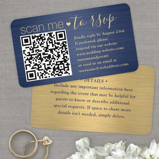 50er Pack Scan Me QR RSVP Blau und Gold Hochzeit Visitenkarte (Von Creator hochgeladen)
