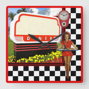 50er Retro Diner Blank Sign Quadratische Wanduhr