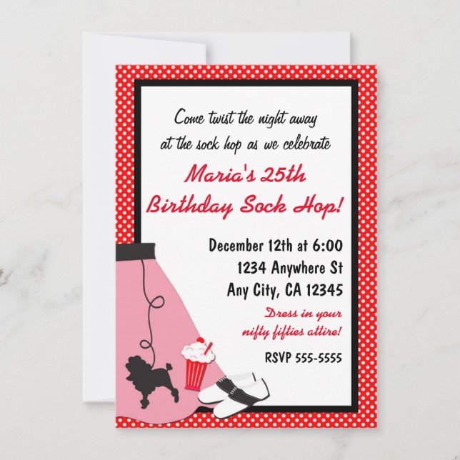 50's Cinties Sock Hop Poodle Jupe Rouge Invitation (Devant)