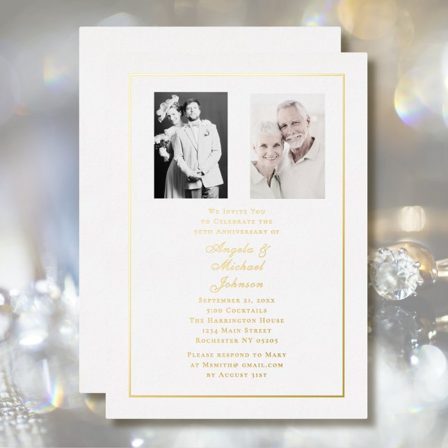 50th Anniversary Chic White Gold Border Folieneinladung (Von Creator hochgeladen)