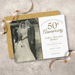 50th Anniversary Gold Wedding Photo Save The Date Ankündigungspostkarte<br><div class="desc">Personalize with your favorite wedding photo and your special 50th golden wedding anniversary celebration details in chic gold typography. The reverse features gold love heart confetti. Designed by Thisisnotme©</div>