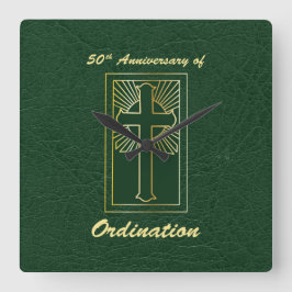 50th Anniversary of Ordination Green Leather Look Quadratische Wanduhr