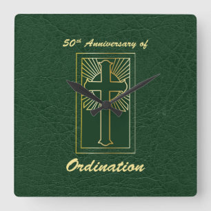 50th Anniversary of Ordination Green Leather Look Quadratische Wanduhr