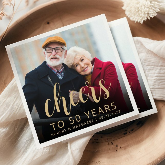 50th Anniversary Party Photo Cheers Gold Script Serviette (Von Creator hochgeladen)