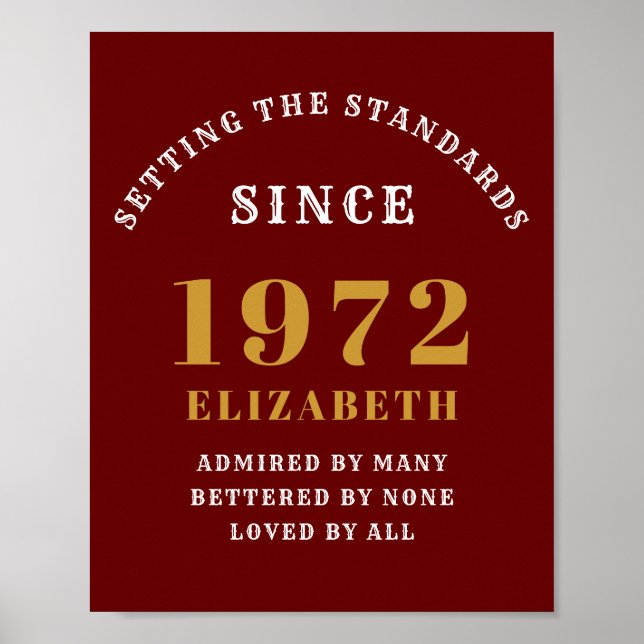 50th Birthday 1972 Elegant Red Gold Chic Poster (Vorne)