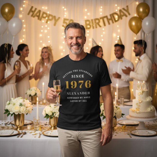 50th Birthday 1976 Black White Gold Elegant Name T-Shirt (1976 birthday T-shirt. Party background.)