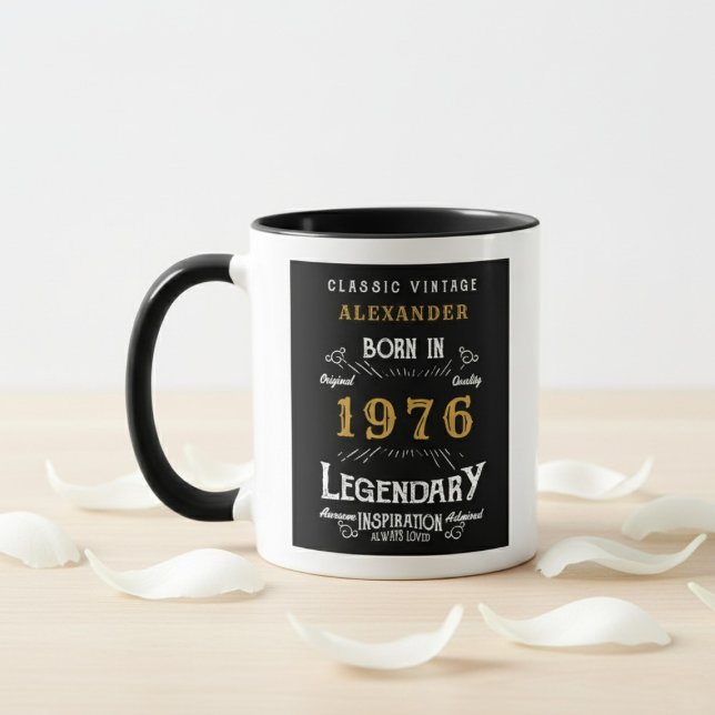 50th Birthday 1976 Legend Retro Black Personalized Tasse (Born 1976 birthday gift mug. White background, wood table, flower petals.)