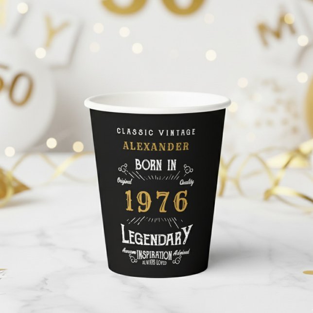 50th Birthday 1976 Legendary Retro Pappbecher (1976 birthday black paper cup on white and gold background.)