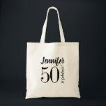 50th birthday 50 and Fabulous Script Typography Tragetasche<br><div class="desc">This black only typographic 50 and Fabulous tote bag is super easy to customize for your special event. Add your name across the top of the design in a modern script font using the Personalize button to change up your details. Makes a great gift for a special friend, party favors...</div>