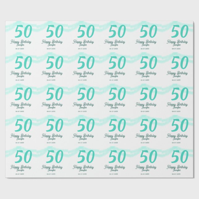 50th birthday add name date year green pastel bold geschenkpapier (Flach)