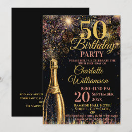 50th Birthday Bubbly Fireworks Gold Pink Einladung