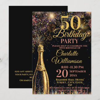 50th Birthday Bubbly Fireworks Gold Pink Einladung