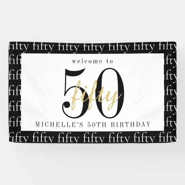 50th Birthday Chic Black White Gold Welcome Party Banner (Horizontal)