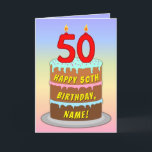 50th Birthday — Fun Cake & Candles, w/ Custom Name Karte<br><div class="desc">This upbeat and cheerful birthday themed greeting card design feature a cartoon-style depiction of a three-tier birthday cake having number-shaped candles on top showing the age 50, along with the message "HAPPY 50TH BIRTHDAY", and an editable recipient. The background of the front feys a multicolored pastel rainbow spectrum inspired gradient...</div>
