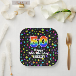 50th Birthday: Fun Stars Pattern and Rainbow “50” Pappteller