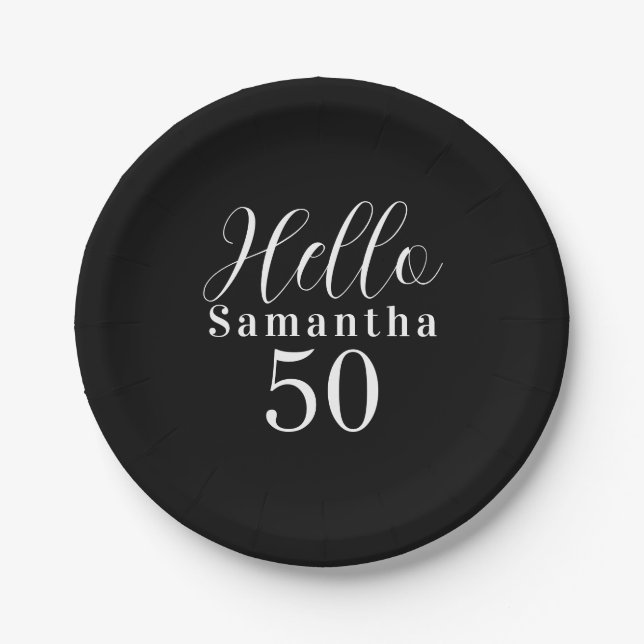 50th Birthday Hello 50 Black and White Party Pappteller (Vorderseite)