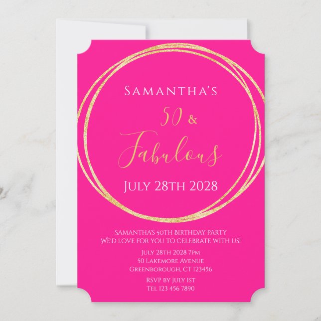 50th Birthday Hot Pink Gold Birthday Invitation (Devant)