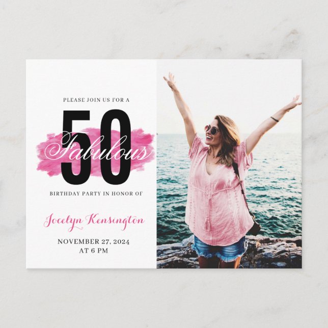 50th Birthday Hot Pink Watercolor Foto Postkarte (Vorderseite)