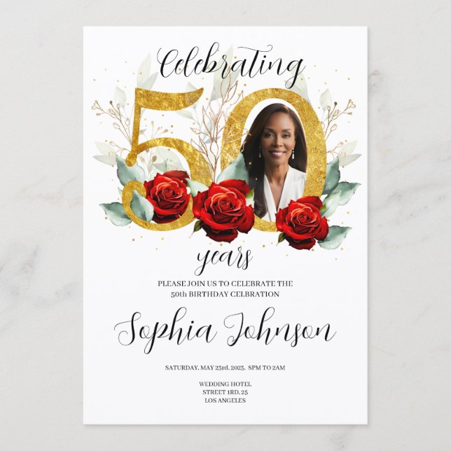50th Birthday Invitation Photo Red Roses  (Vorderseite)