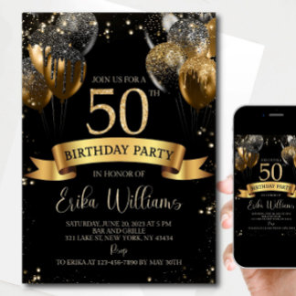 50th Birthday Invitation Template: Black Gold Ball Einladung