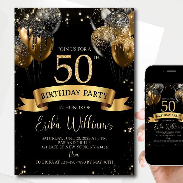 50th Birthday Invitation Template: Black Gold Ball Einladung (Von Creator hochgeladen)