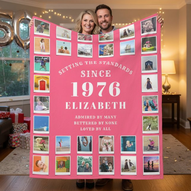 50th Birthday Mother Family Photo collage Pink Fleecedecke (Born 1976 pink fleece blanket held up by a couple.)
