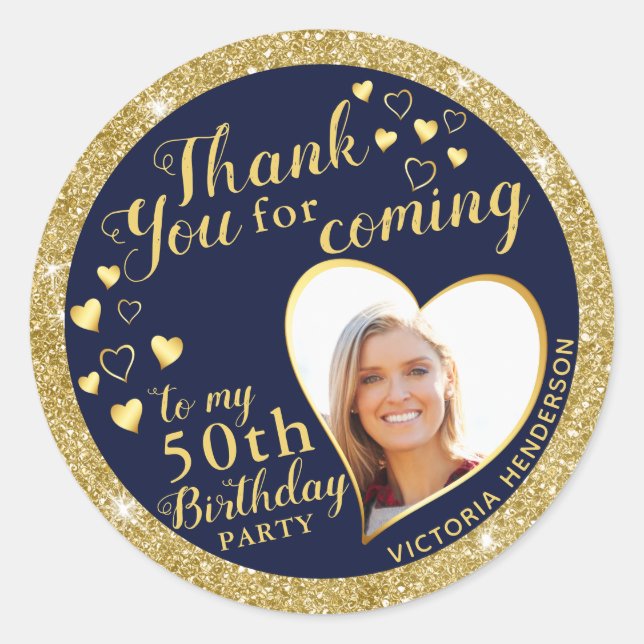 50th Birthday Navy Blue and Gold Favor Thank You Runder Aufkleber (Vorderseite)