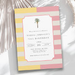 50th Birthday Palm Beach Pastel Stripe Tropical Einladung<br><div class="desc">Celebrate turning fifty in sophisticated coastal style with this Palm Beach–inspired 50th birthday invitation. Featuring soft pastel stripes in blush pink, butter yellow, and cream with a minimalist palm tree accent this feminine design blends casual luxury with sunny tropical charm. The clean typography and modern layout make it perfect for...</div>