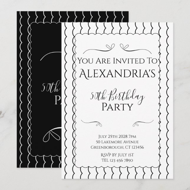 50th Birthday Party Black and White Wavy Lines Einladung (Vorne/Hinten)
