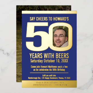 50th Birthday party blue gold foil photo beer  Folieneinladung