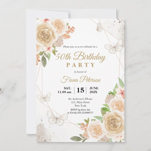 50th Birthday party Elegant floral Einladung (Vorderseite)