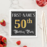 50th Birthday Party — Fancy Script, Falsch Gold Lo Serviette<br><div class="desc">This ornate and elegant birthday themed paper napkin design feature a personalized name and the message "50th Birthday Party". The large number "50th" has an imitation/falsch gold-inspirred coloring pattern, and the words "Birthday Party" are in luxurious script-style text. The background is colored black by default (although it can be customized)....</div>