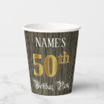50th Birthday Party — Faux Gold & Faux Wood Looks Pappbecher<br><div class="desc">This opulent and ornate birthday-themed paper cup design features an editable name and the message “50th Birthday Party”. The large number “50th” features an imitation/faux gold-inspired coloring pattern, the words “Birthday Party” are in luxurious script-style text, and the background has an imitation/faux woodgrain-inspired look. Fancy, elegant paper cups like this...</div>