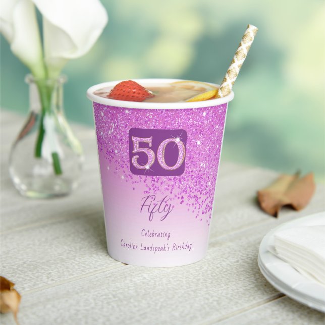 50th Birthday Party Gleaming Pink Glitter Pappbecher (In Situ)