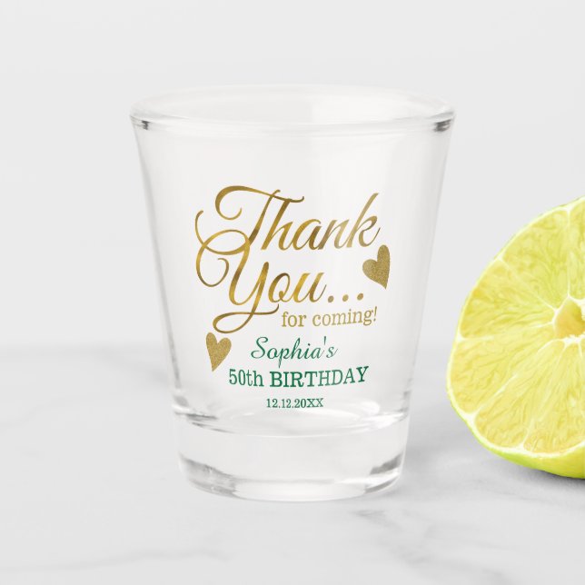 50th Birthday Party Green & Gold Thank You Favors Schnapsglas (Vorderseite)