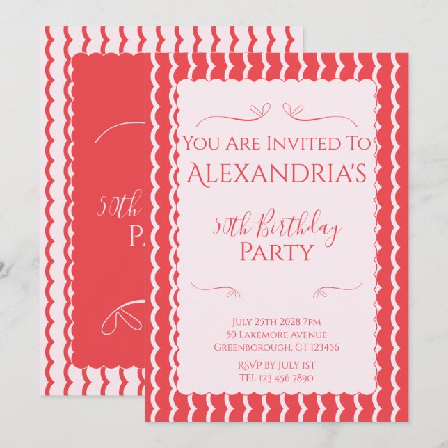 50th Birthday Party Modern Pink Red Einladung (Vorne/Hinten)