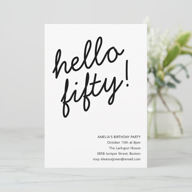 50th Birthday Party Modern Script Typography Einladung (Stehend Vorderseite)