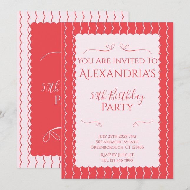 50th Birthday Party Pink Red Wavy Lines Einladung (Vorne/Hinten)