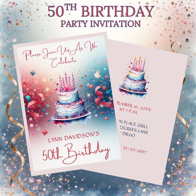 50th Birthday Party Pink Watercolor Einladung (50th Birthday Party Invitation Pink Watercolors)
