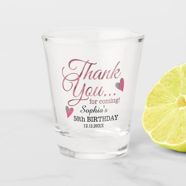  50th Birthday Party Rose Gold Thank You Favors Schnapsglas (Vorderseite)