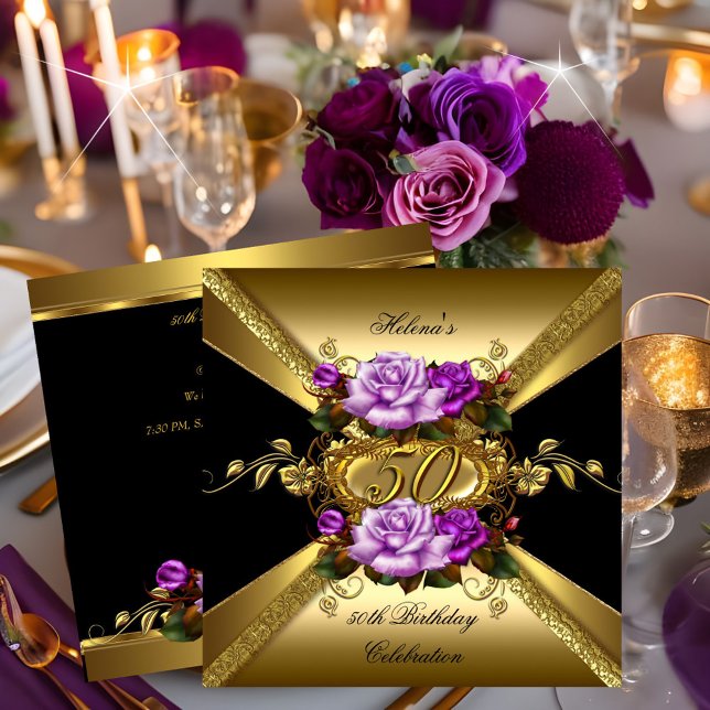 50th Birthday Party Roses Purple Gold Black Einladung (Von Creator hochgeladen)