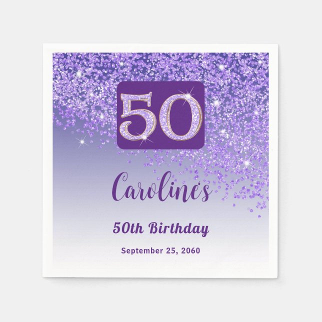 50th Birthday Party Sparkling Purple Glitter Serviette (Vorderseite)